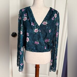 Floral Teal Wrap Top medium